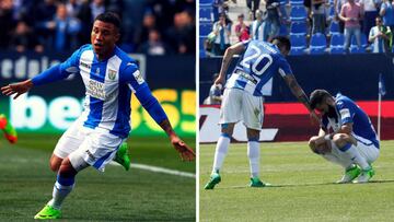 Machís celebra el gol al Granada y Luciano y Siovas se lamentan por el gol del Espanyol.