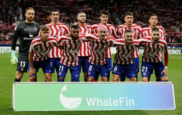 Once inicial del Atlético de Madrid. De pie; Jan Oblak, Stefan Savic, Mario Hermoso, Álvaro Morata, José María Giménez y Nahuel Molina. Agachados; Marcos Llorente, Thomas Lemar, Antoine Griezmann, Koke y Yannick Carrasco.