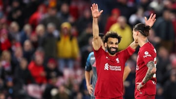 LIVERPOOL, ENGLAND - NOVEMBER 01: Darwin Nunez of Liverpool celebrates his goal to make it 2-0 during the UEFA Champions League group A match between Liverpool FC and SSC Napoli at Anfield on November 1, 2022 in Liverpool, United Kingdom. (Photo by Robbie Jay Barratt - AMA/Getty Images)
