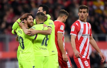 Los jugadores del Barcelona celebran el 0-1 de Semedo al Girona en la temporada 2018-19.