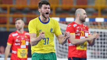 Handball - 2021 IHF Handball World Championship - Preliminary Round Group B - Spain v Brazil - New Capital Sports Hall, Cairo, Egypt - January 15, 2021 Brazil's Haniel Langaro reacts Pool via REUTERS/Khaled Elfiqi