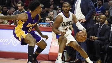 Jan 14, 2017; Los Angeles, CA, USA; LA Clippers guard Chris Paul (3) dribbles against Los Angeles Lakers guard Nick Young (0)  during the NBA game at the Staples Center. Mandatory Credit: Richard Mackson-USA TODAY Sports