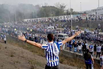 Real Sociedad fans cheer the team on their way down to Seville for the Copa del Rey final.