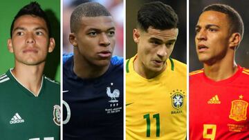 Hirving Lozano (México), Kylian Mbappé (Francia), Phillipe Coutinho (Brasil) y Rodrigo Moreno (España).