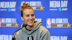 INDIANAPOLIS, INDIANA - FEBRUARY 17: WNBA player Sabrina Ionescu speaks with the media at Gainbridge Fieldhouse on February 17, 2024 in Indianapolis, Indiana. NOTE TO USER: User expressly acknowledges and agrees that, by downloading and or using this photograph, User is consenting to the terms and conditions of the Getty Images License Agreement.   Stacy Revere/Getty Images/AFP (Photo by Stacy Revere / GETTY IMAGES NORTH AMERICA / Getty Images via AFP)