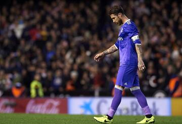 Sergio Ramos of Real Madrid leaves the pitch at the end the La Liga match between Valencia CF and Real Madrid at Mestalla Stadium on February 22, 2017 in Valencia, Spain.