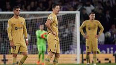 Barcelona's Polish forward Robert Lewandowski reacts during the Spanish league football match between Real Valladolid FC and FC Barcelona at the Jose Zorilla stadium in Valladolid on May 23, 2023. (Photo by CESAR MANSO / AFP)