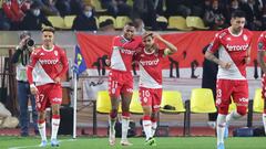 Monaco&#039;s Brazilian midfielder Jean Lucas De Souza Oliveira (2ndL) celebrates with teammates after scoring a goal during the French L1 football match between AS Monaco and Lyon at &quot;Louis II&quot; stadium in Monaco, on February 5, 2022. (Photo by 