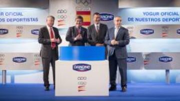 De Izda. a dcha.: José Antonio Sánchez Domínguez, presidente de la Corporación RTVE; Miguel Cardenal, presidente del Consejo Superior de Deportes; Jérôme Boesch, presidente y consejero delegado de Danone; y Alejandro Blanco, presidente del Comité Olímpico Español.