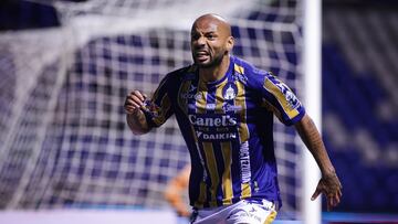Joao Geraldino celebrates his gal 0-2 of Atletico de San Luis during the 5th round match between Puebla and Atletico de San Luis as part of the Liga BBVA MX, Torneo Apertura 2025 at Cuauhtemoc Stadium, on August 15, 2025 in Puebla Mexico.