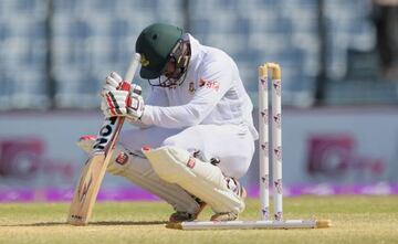 Bangladesh's not-out batsman Sabbir Rahman reacts after England took the final wicket to win the first Test in Chittagong.