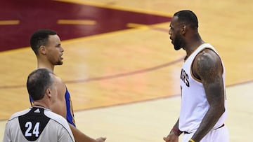 CLEVELAND, OH - JUNE 10: LeBron James #23 of the Cleveland Cavaliers and Stephen Curry #30 of the Golden State Warriors exchange words during a time out during the fourth quarter in Game 4 of the 2016 NBA Finals at Quicken Loans Arena on June 10, 2016 in Cleveland, Ohio. NOTE TO USER: User expressly acknowledges and agrees that, by downloading and or using this photograph, User is consenting to the terms and conditions of the Getty Images License Agreement. Jason Miller/Getty Images/AFP
== FOR NEWSPAPERS, INTERNET, TELCOS & TELEVISION USE ONLY ==
