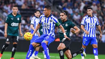 Hector Moreno (L) of Monterrey fights for the ball with Ricardo Marin (R) of Guadalajara during the 13th round match between Monterrey and Guadalajara as part of the Torneo Clausura 2024 Liga BBVA MX at BBVA Bancomer Stadium on March 30, 2024 in Monterrey, Nuevo Leon, Mexico.