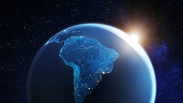 South America viewed from space with sunrise on planet Earth and stars, overview of Amazon river and forest, night lights from cities in Brazil, Argentina, Chile, Peru, map elements from NASA, 8k (https://eoimages.gsfc.nasa.gov/images/imagerecords/57000/57752/land_shallow_topo_2048.jpg)