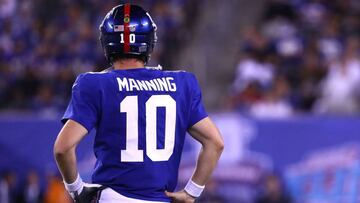 EAST RUTHERFORD, NJ - SEPTEMBER 18: Eli Manning #10 of the New York Giants looks on in the fourth quarter against the Detroit Lions during their game at MetLife Stadium on September 18, 2017 in East Rutherford, New Jersey. Al Bello/Getty Images/AFP
== FOR NEWSPAPERS, INTERNET, TELCOS & TELEVISION USE ONLY ==