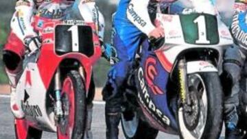 <b>LOS TRES CAMPEONES. </b>Con sus motos, de izquierda a derecha, Crivillé, Pons y Champi.