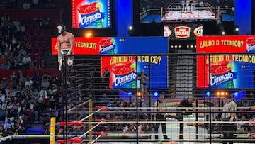 Calavera Jr. 1 celebra desde arriba de la jaula su triunfo.