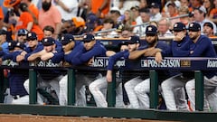 HOUSTON, TEXAS - OCTOBER 23: The Houston Astros look on from the dugout against the Texas Rangers during the seventh inning in Game Seven of the American League Championship Series at Minute Maid Park on October 23, 2023 in Houston, Texas.   Carmen Mandato/Getty Images/AFP (Photo by Carmen Mandato / GETTY IMAGES NORTH AMERICA / Getty Images via AFP)