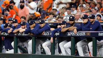 HOUSTON, TEXAS - OCTOBER 23: The Houston Astros look on from the dugout against the Texas Rangers during the seventh inning in Game Seven of the American League Championship Series at Minute Maid Park on October 23, 2023 in Houston, Texas.   Carmen Mandato/Getty Images/AFP (Photo by Carmen Mandato / GETTY IMAGES NORTH AMERICA / Getty Images via AFP)