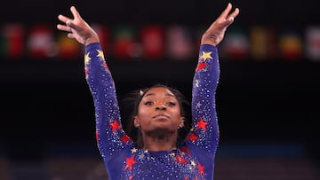 Simone Biles after competing on balance beam during Women's Qualification on day two of the Tokyo 2020 Olympic Games.