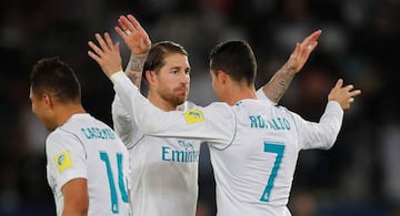 Soccer Football - FIFA Club World Cup Final - Real Madrid vs Gremio FBPA - Zayed Sports City Stadium, Abu Dhabi, United Arab Emirates - December 16, 2017 Real Madrid’s Cristiano Ronaldo celebrates scoring their first goal with Sergio Ramos