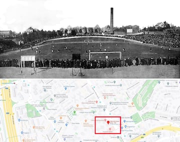 El recinto polideportivo de 1910 estaba ubicado en el actual número 105 de la calle madrileña Arturo Soria. Fue sede de la Escuela Española de Educación Física y lugar de celebración de diferentes campeonatos de España de ciclismo. El Real Madrid jugó desde 1923 hasta 1924. Con la llegada del fútbol se transformó en el primer campo de hierba de España con una capacidad de 8.000 espectadores. En la imagen, una panorámica del recinto y el mapa de dónde estaría en la actualidad. 