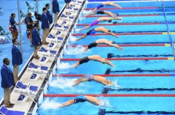 General view of the start of the Men's 100m Backstroke Final on Day 3 of the Rio 2016 Olympic Games at the Olympic Aquatics Stadium on August 8, 2016 in Rio de Janeiro, Brazil.  