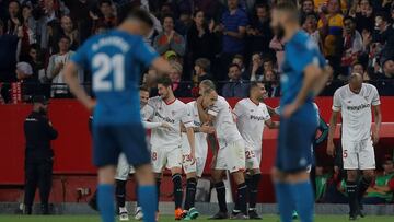 Soccer Football - La Liga Santander - Sevilla vs Real Madrid - Ramon Sanchez Pizjuan, Seville, Spain - May 9, 2018 Sevilla's Sandro Ramirez and team mates celebrate their third goal, an own goal scored by Real Madrid's Sergio Ramos REUTERS/