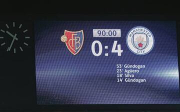 The final result is seen on the big screen after the UEFA Champions League Round of 16 First Leg match between FC Basel and Manchester City at St. Jakob-Park on February 13, 2018 in Basel, Switzerland.