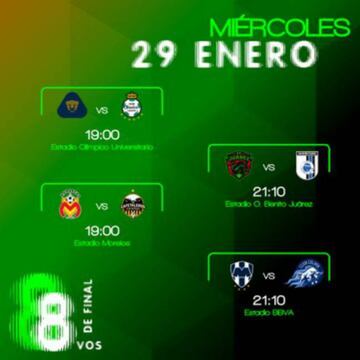 Partidos de Copa MX: Miércoles 29 de enero, octavos de final.