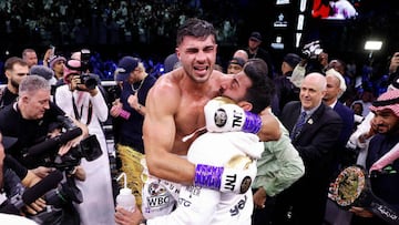 RIYADH, SAUDI ARABIA - FEBRUARY 26: Tommy Fury celebrates with their team after defeating Jake Paul during the Cruiserweight Title fight between Jake Paul and Tommy Fury at the Diriyah Arena on February 26, 2023 in Riyadh, Saudi Arabia. (Photo by Francois Nel/Getty Images)