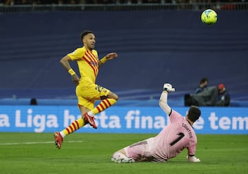 Soccer Football - LaLiga - Real Madrid v FC Barcelona - Santiago Bernabeu, Madrid, Spain - March 20, 2022 FC Barcelona's Pierre-Emerick Aubameyang scores their fourth goal REUTERS/Susana Vera