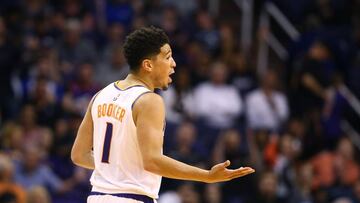 Mar 6, 2019; Phoenix, AZ, USA; Phoenix Suns guard Devin Booker celebrates in the fourth quarter against the New York Knicks at Talking Stick Resort Arena. Mandatory Credit: Mark J. Rebilas-USA TODAY Sports