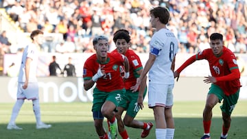 GR4018. RANCAGUA (CHILE), 12/10/2025.- Yassir Zabiri de Marruecos celebra un gol este domingo, en un partido de cuartos de final de la Copa Mundial Sub-20 entre Estados Unidos y Marruecos, en el estadio Codelco El Teniente,? en Rancagua (Chile). EFE/Elvis González