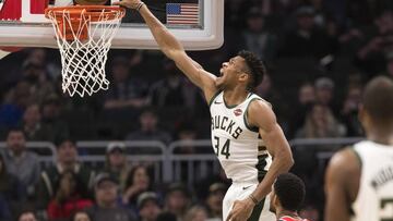 Feb 6, 2019; Milwaukee, WI, USA; Milwaukee Bucks forward Giannis Antetokounmpo (34) dunks during the third quarter against the Washington Wizards at Fiserv Forum.  Mandatory Credit: Jeff Hanisch-USA TODAY Sports