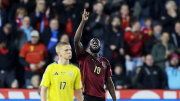 Soccer Football - Nations League - Play-offs - Second Leg - Belgium v Ukraine - Cegeka Arena, Genk, Belgium - March 23, 2025 Belgium's Romelu Lukaku celebrates scoring their second goal REUTERS/Yves Herman