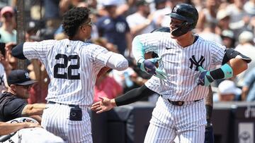 Aug 25, 2024; Bronx, New York, USA; New York Yankees center fielder Aaron Judge (99) celebrates with right fielder Juan Soto (22) after hitting a two run home run in the first inning against the Colorado Rockies at Yankee Stadium. Mandatory Credit: Wendell Cruz-USA TODAY Sports