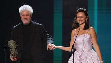 Spanish film director Pedro Almodovar (L) and Spanish actress Penelope Cruz arrive to give an International Goya award to Australian-US actress Cate Blanchett at the 36th Goya awards ceremony at the Palau de les Arts in Valencia, on February 12, 2022. (Photo by JOSE JORDAN / AFP) (Photo by JOSE JORDAN/AFP via Getty Images)