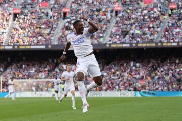 Real Madrid's David Alaba celebrates scoring their first goal in El Clásico.