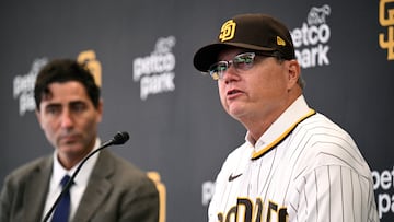 Nov 21, 2023; San Diego, CA, USA; San Diego Padres manager Mike Shildt (right) speaks to the media during a press conference announcing his hiring at Petco Park. Mandatory Credit: Orlando Ramirez-USA TODAY Sports