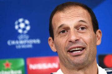 Juventus' coach Massimiliano Allegri speaks at the press conference on the eve of the UEFA Champions League football match against Sporting CP.