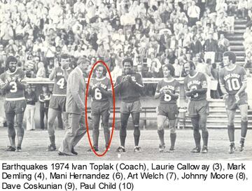 El entrenador yugoslavo Ivan Toplak (en la imagen pasa por delante de Mani con el número 6) fue un referente para Mani Hernández. Aprendió mucho de Toplak, igual que de Dettmar Cramer y Julius Menéndez, su entreandor y mentor desde la Universidad de San José.