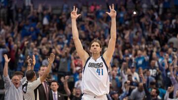 File Photo: Dallas Mavericks forward Dirk Nowitzki (41) celebrates after making a three point shot against the Portland Trail Blazers during the second half in Dallas, Texas, U.S., February 7, 2017. Mandatory Credit: Jerome Miron-USA TODAY Sports/File Photo