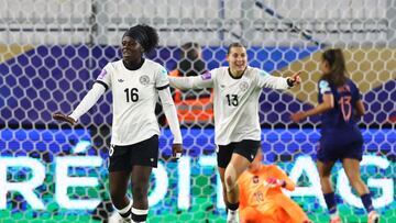 Soccer Football - UEFA Women's Nations League - Semi Final - Second Leg - France v Germany - Stade Michel-d'Ornano, Caen, France - October 28, 2025 Germany's Nicole Anyomi celebrates scoring their first goal REUTERS/Stephane Mahe