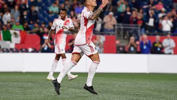 Aug 3, 2023; Foxborough, MA, USA; New England Revolution forward Gustavo Bou (7). reacts to his goal against the Atlas FC during the first half at Gillette Stadium. Mandatory Credit: Eric Canha-USA TODAY Sports