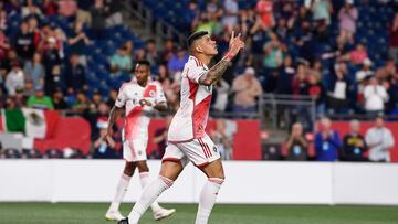 Aug 3, 2023; Foxborough, MA, USA; New England Revolution forward Gustavo Bou (7). reacts to his goal against the Atlas FC during the first half at Gillette Stadium. Mandatory Credit: Eric Canha-USA TODAY Sports