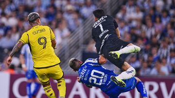 Juan Hernandez of Columbus, Sebastian Vegas and Esteban Andrada of Monterrey during the semifinals second leg match between Monterrey and Columbus Crew as part of the CONCACAF Champions Cup 2024, at BBVA Bancomer Stadium on May 01, 2024 in Monterrey, Nuevo Leon, Mexico.