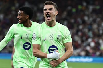 Barcelona's Spanish midfielder #6 Pablo Gavi celebrates scoring his team's first goal during the Spanish Super Cup semi-final football match between Athletic Bilbao and Barcelona at the King Abdullah Sport City in Jeddah on January 8, 2025. (Photo by FADEL SENNA / AFP)