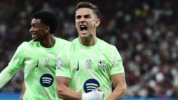 Barcelona's Spanish midfielder #6 Pablo Gavi celebrates scoring his team's first goal during the Spanish Super Cup semi-final football match between Athletic Bilbao and Barcelona at the King Abdullah Sport City in Jeddah on January 8, 2025. (Photo by FADEL SENNA / AFP)