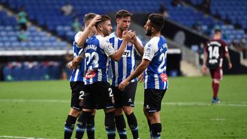 BARCELONA, SPAIN - SEPTEMBER 12: Adrian Embarba of RCD Espanyol celebrates with his team mates after scoring his team's third goal during the La Liga SmartBank match between Espanyol and Albacete at RCD Stadium on September 12, 2020 in Barcelona, Spa